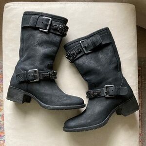 Vera Wang Lavender Black Jeweled Leather Moto Boots Size 7 1/2